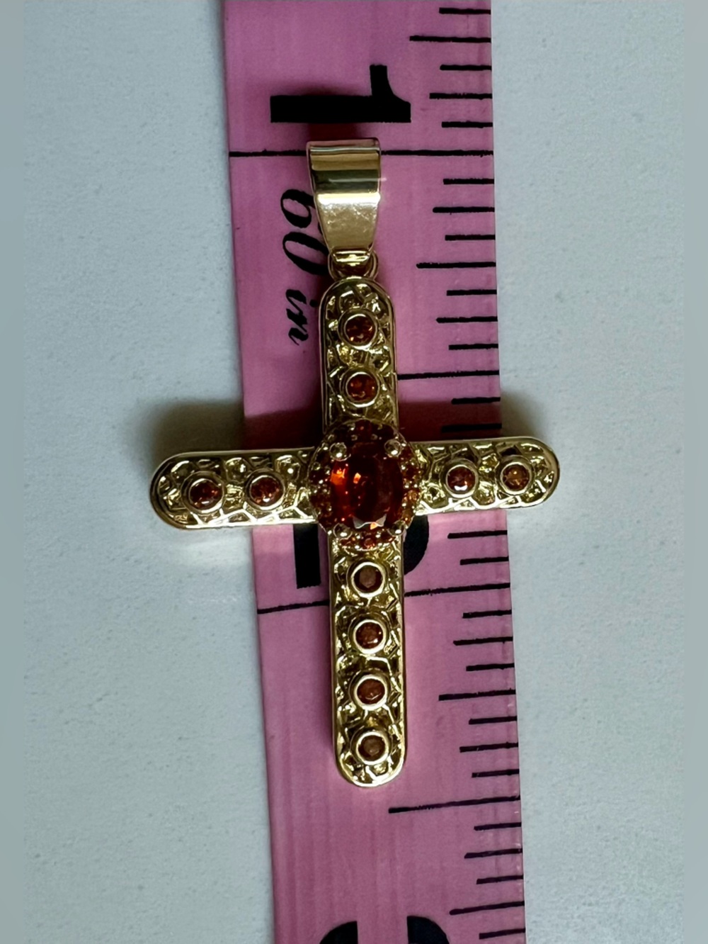 Gold Plated Cross Pendant with Orange Red Gemstones - Elegant Women's Jewelry - Picture 3 of 5